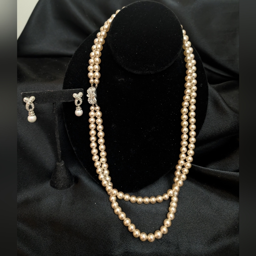 #98. Vintage Two Strand Glass Pearls With Rhinestone Brooch & Vintage Earrings